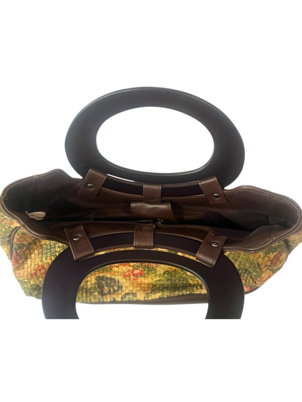 Boho Woven Straw Tote Bag w/ Wooden Handles Tropical Print 14x8 Vintage Purse - Picture 3 of 5